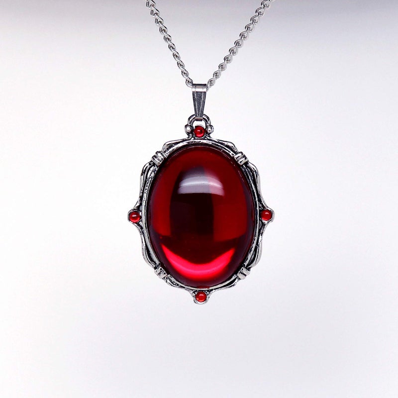 Real Metal Blood Red Oval Stone In Silver Finish Pewter Frame Pendant Necklace - Image 5
